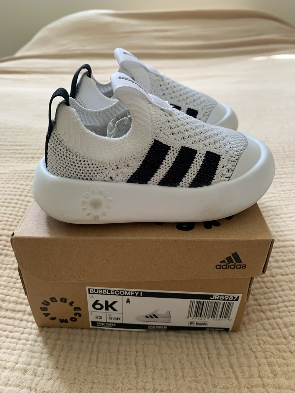 adidas Kids Bubblecomfy I Slip-On Sneakers in White and Black